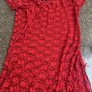 NWT Elegant Red Lace Chemise with Matching Thong Set. Cute Ribbon Detail.